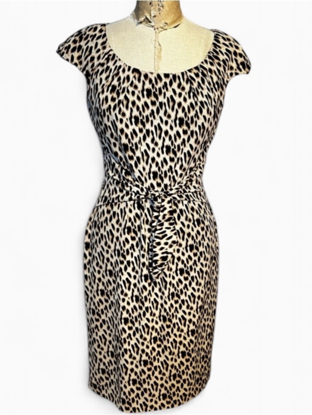 Tahari Leopard Print Sheath Dress Cap Sleeve Tie Waist Cheetah Animal Size 2